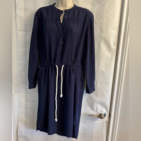 JCrew solid navy blue shift shirt dress with rope tie & elastic waist Sz-XS C19 - Picture 3 of 16